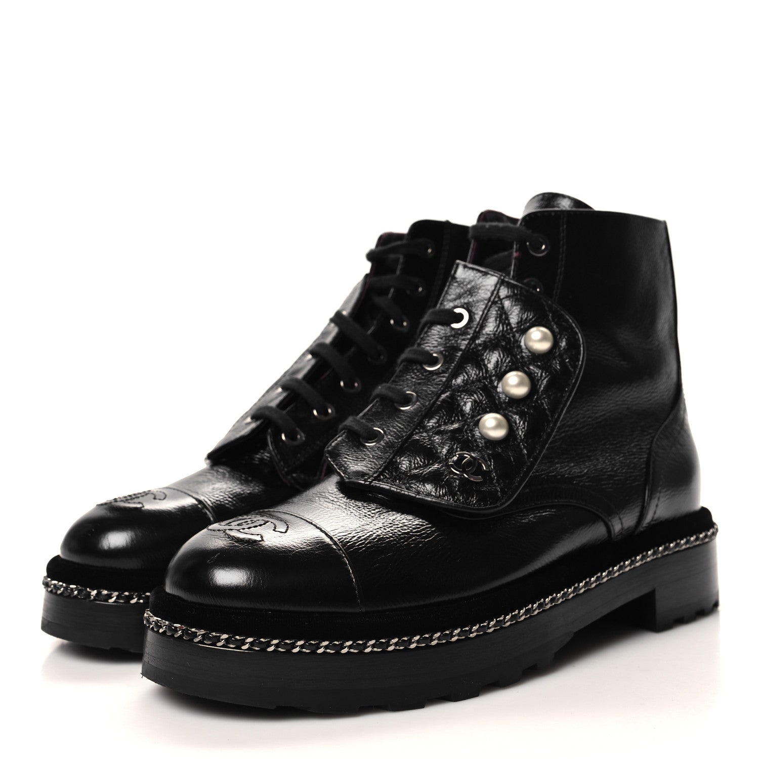 Chanel Crackled Calfskin Velvet Pearl Combat Short Boots 39 Black 3 of 8