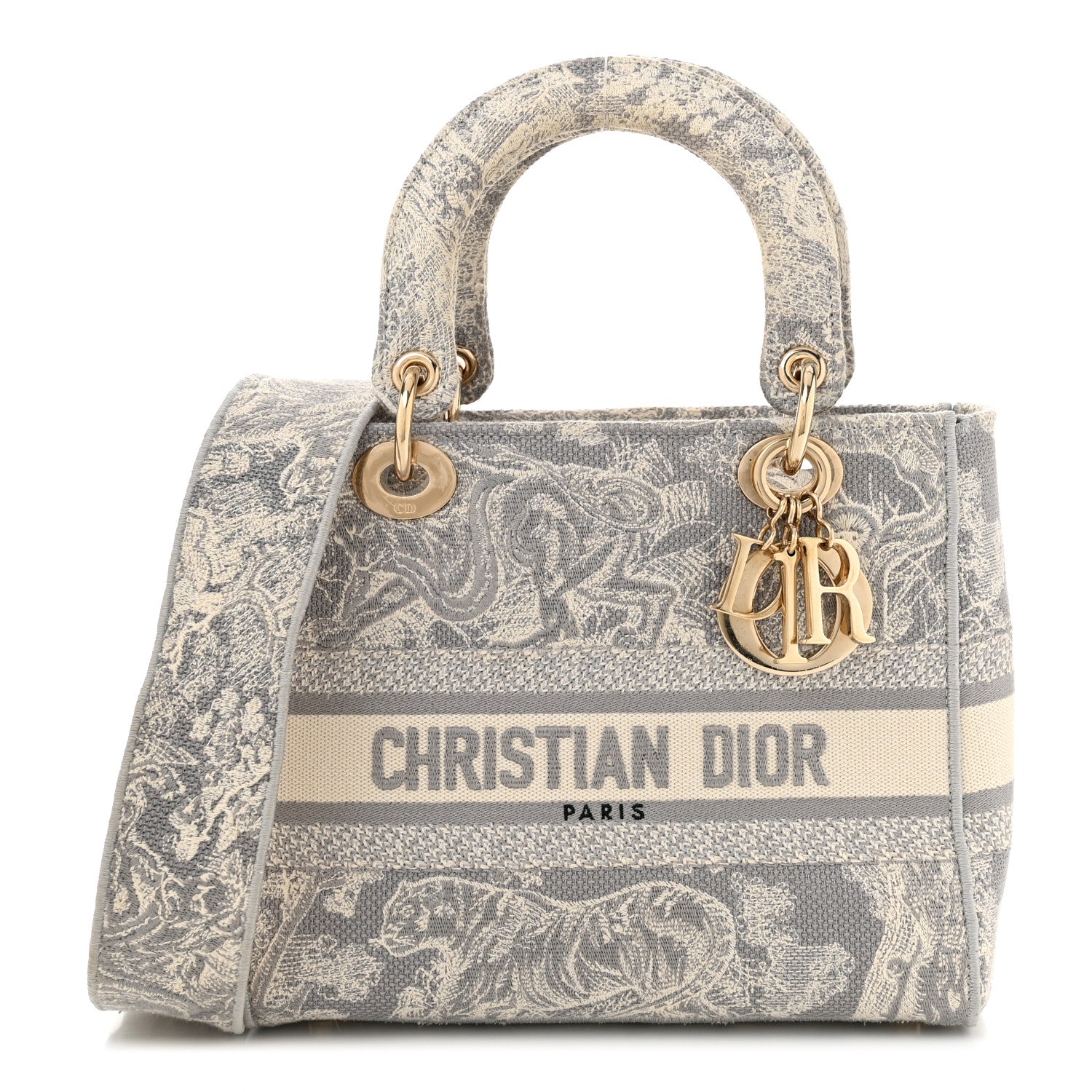 Christian Dior Canvas Toile De Jouy Reverse Embroidered Medium Lady D-Lite Gray 1 of 12