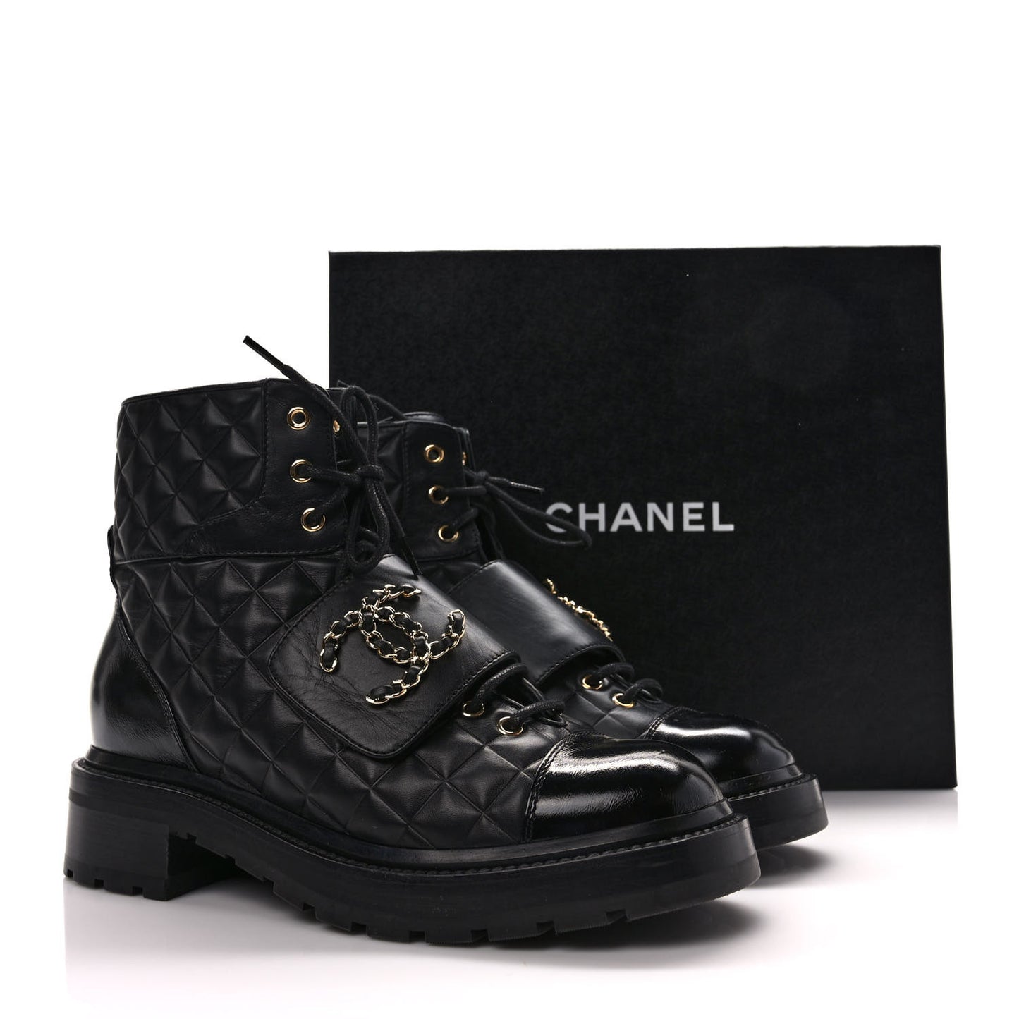 Calfskin Shiny Calfskin Quilted Lace Up Combat Boots 39 Black