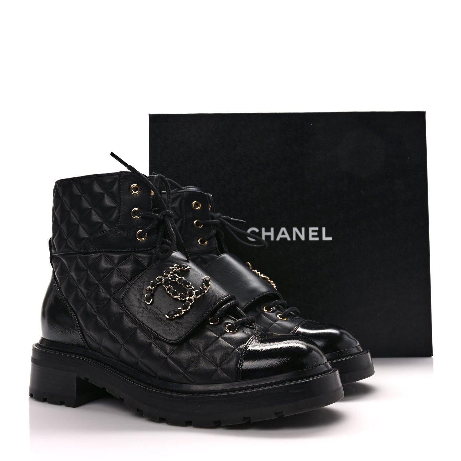 Chanel Calfskin Shiny Calfskin Quilted Lace Up Combat Boots 39 Black 10 of 10