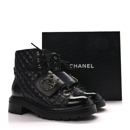 Chanel Calfskin Shiny Calfskin Quilted Lace Up Combat Boots 39 Black 10 of 10