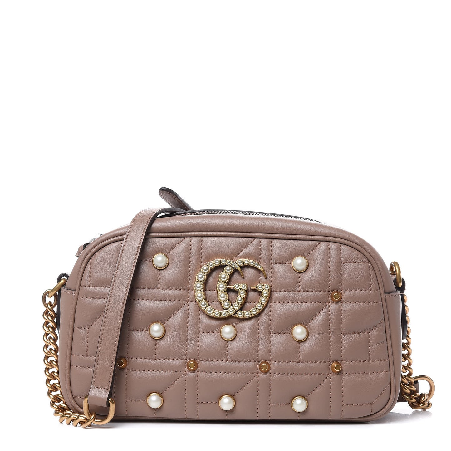 Calfskin Matelasse Studded Small Pearly GG Marmont Chain Shoulder Bag Porcelain Rose