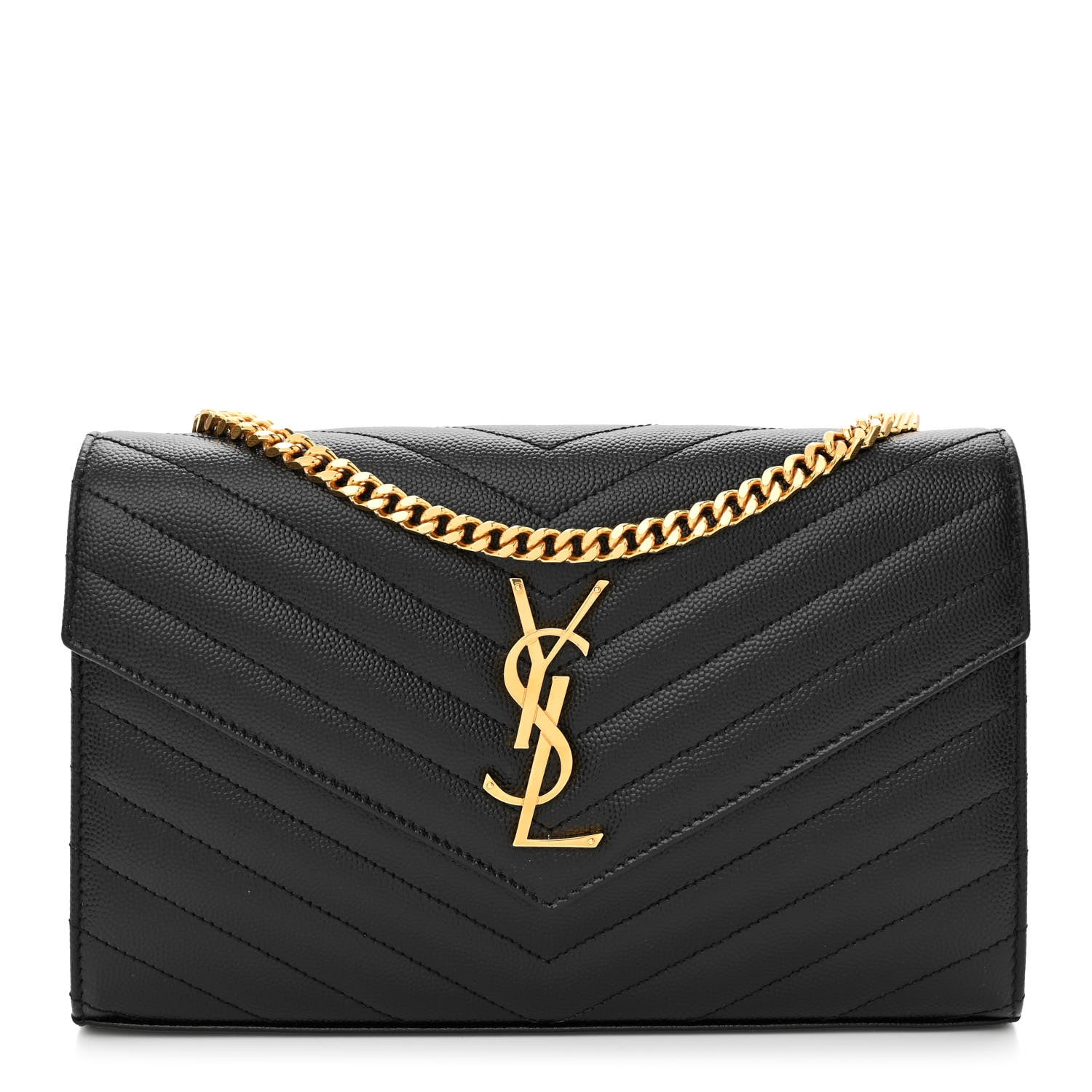 Saint Laurent Grain De Poudre Matelasse Chevron Monogram Chain Wallet Black 1 of 10