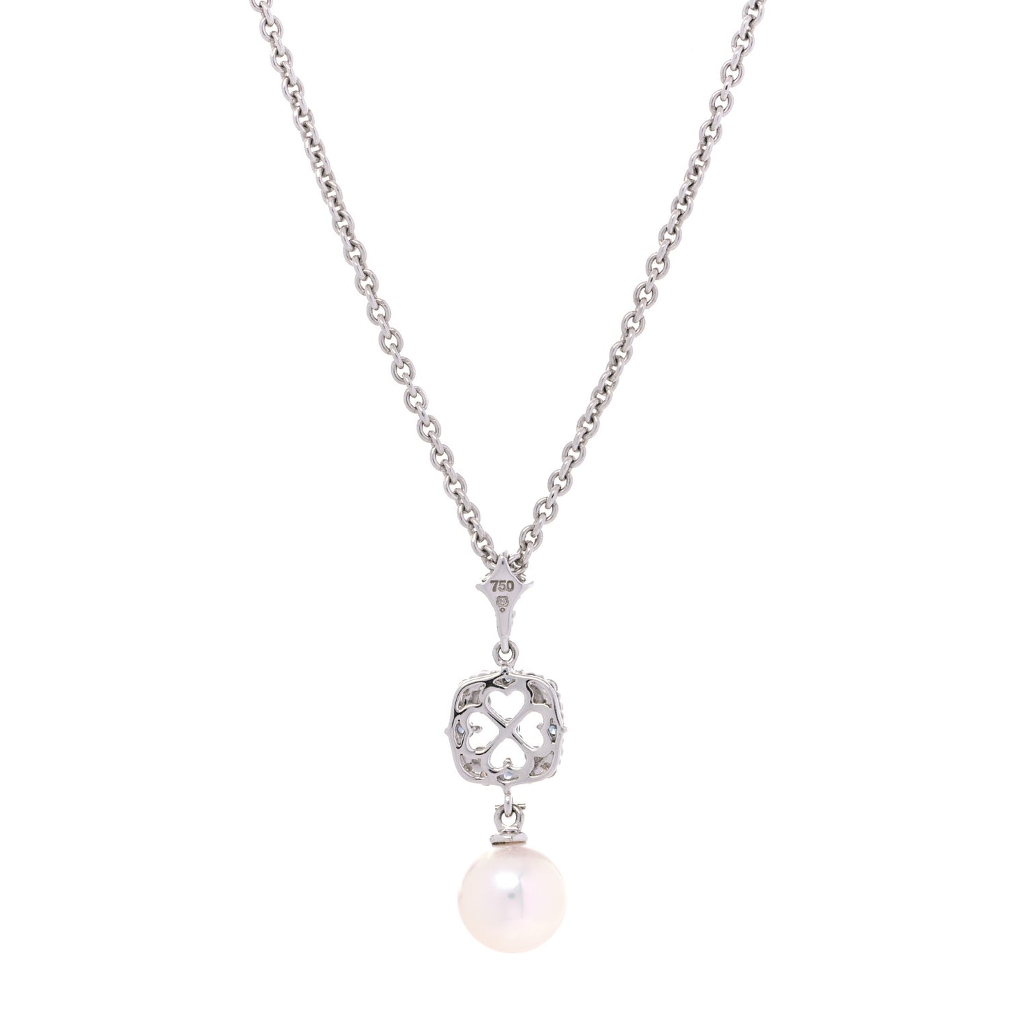 18K White Gold Diamond Blue Sapphire Akoya Pearl 8mm Drop Pendant Necklace