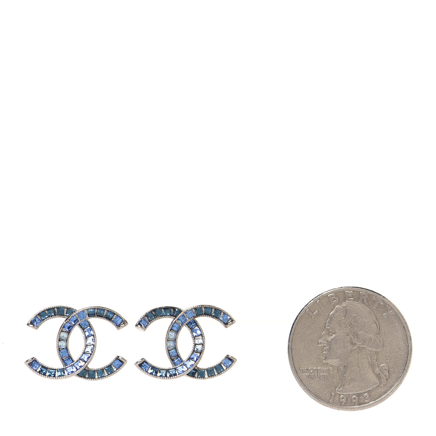Chanel Baguette Crystal CC Earrings Silver Blue 2 of 5