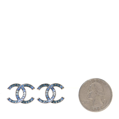 Chanel Baguette Crystal CC Earrings Silver Blue 2 of 5