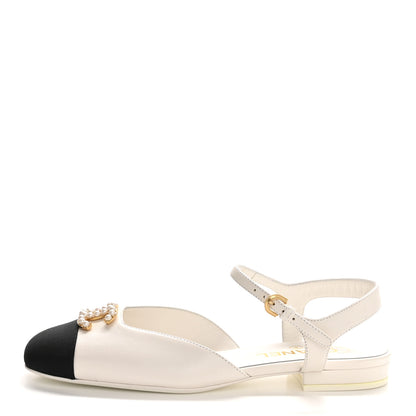 Chanel Lambskin Grosgrain Cap Toe Pearl CC Mary Jane Slingback Flats 38 Black White 1 of 10