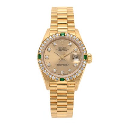 Rolex 18K Yellow Gold Diamond Bezel Emerald 26mm Datejust President Watch Champagne 69078 1 of 5