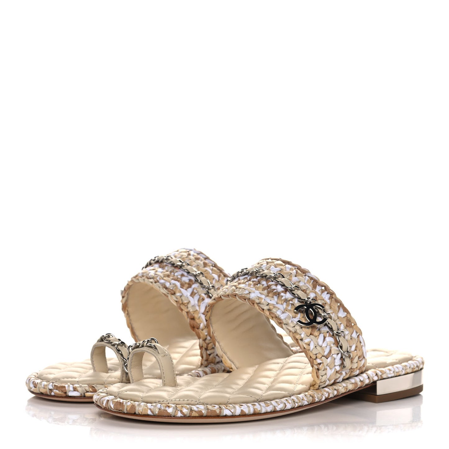 Raffia Lambskin Woven Chain CC Toe Ring Sandals 38 Beige White