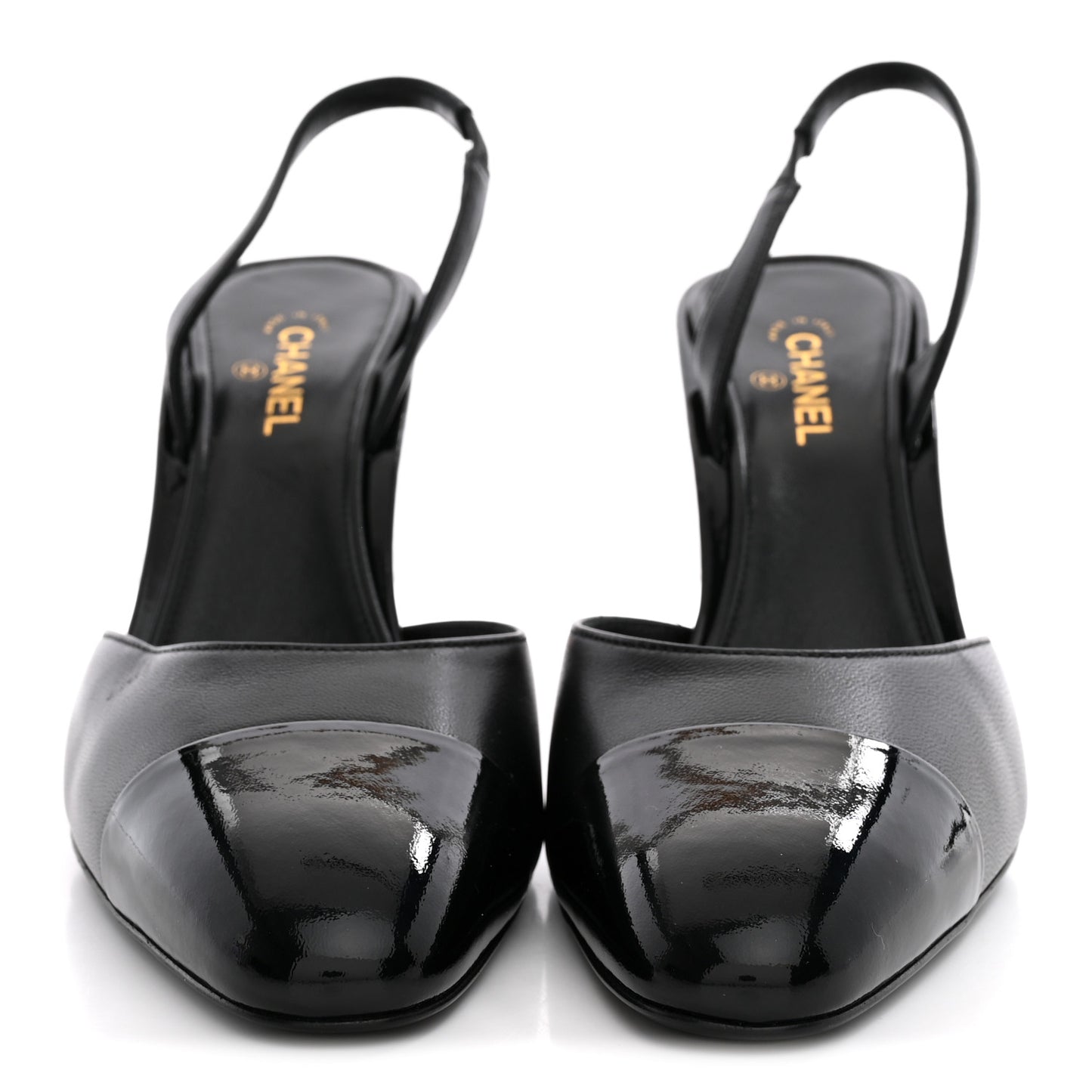 Lambskin Patent Cap Toe CC Apple Slingback Pumps 38 Black