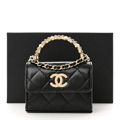 Chanel Shiny Crumpled Lambskin Quilted Pearl Small Top Handle Clutch With Chain Black 11 of 12