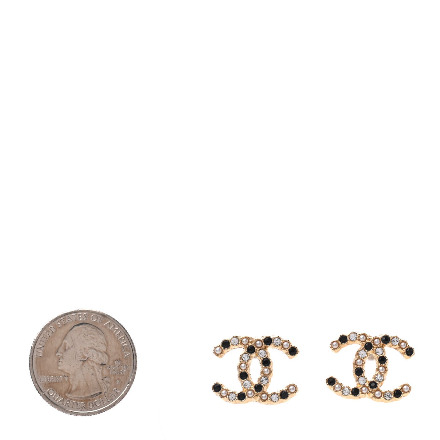 Resin Pearl Crystal CC Earrings Gold Black