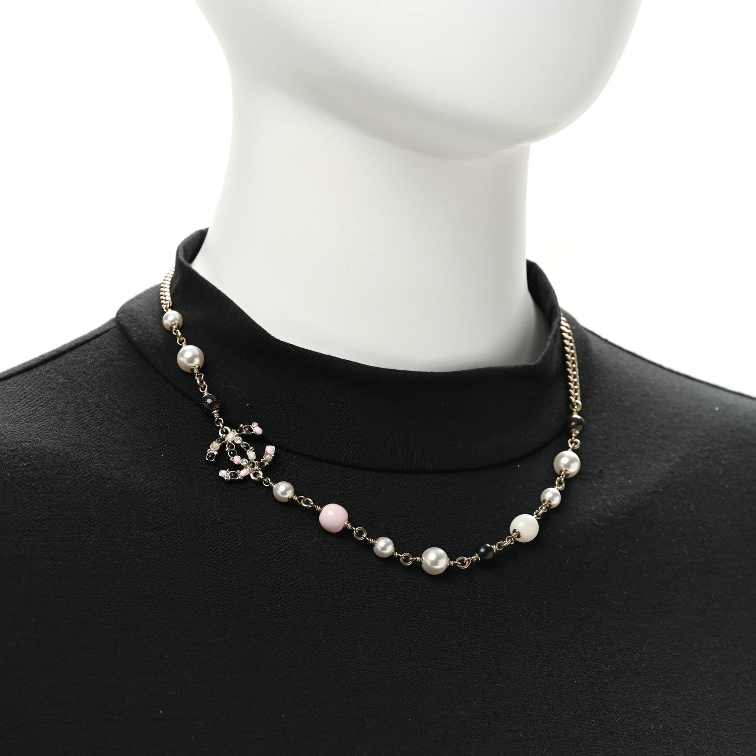 Chanel Pearl Beaded CC Necklace Gold Black White Pink 2 of 5