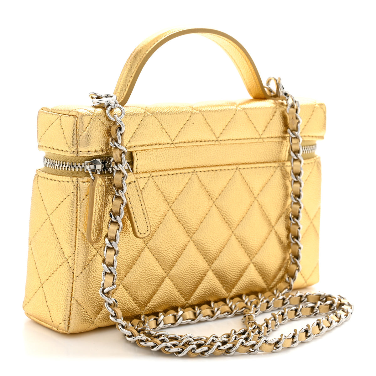 Metallic Caviar Quilted Top Handle Slim Vanity With Chain Gold