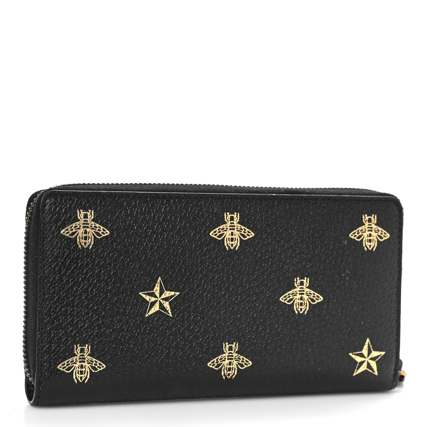 Dollar Calfskin Bee Star Zip Around Wallet Black