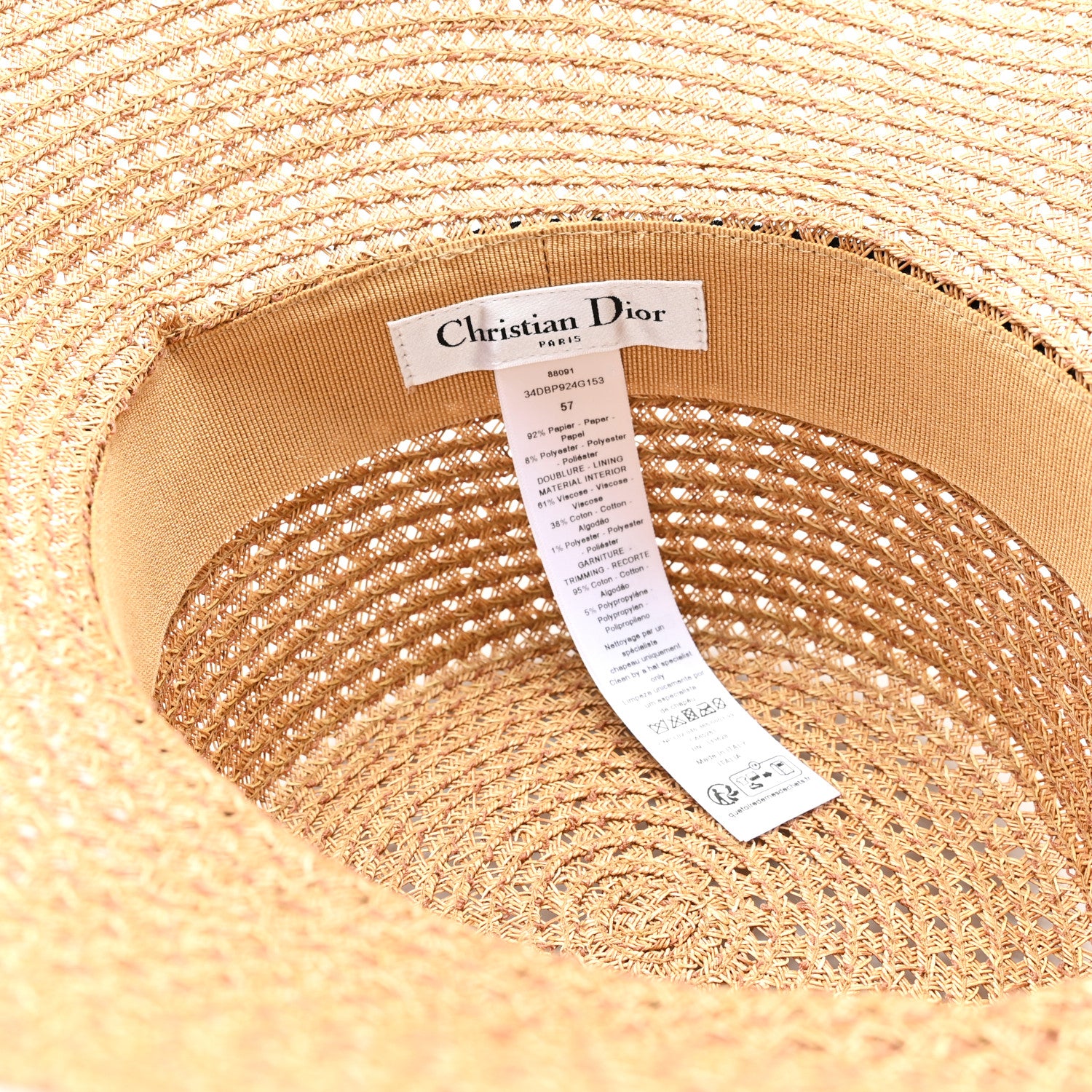 Christian Dior Straw Embroidered D-Bobby Large Brim Hat 57 Natural