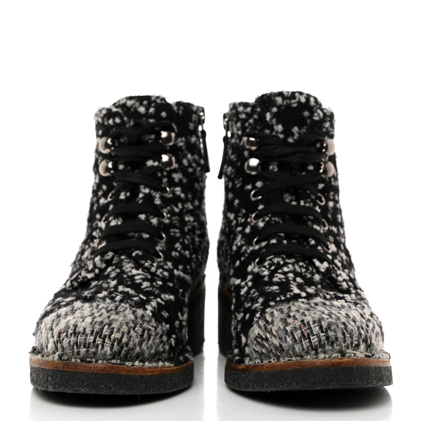 Tweed Quilted Lace Up Short Boots 36 Black White