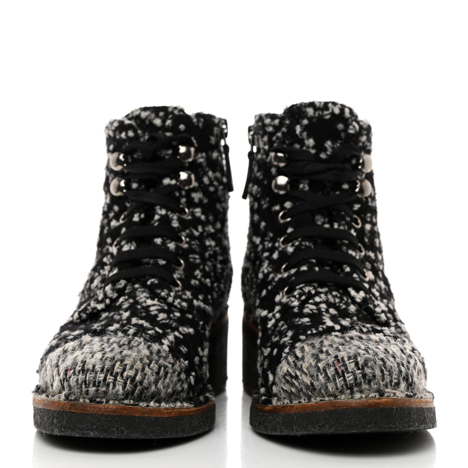 Chanel Tweed Quilted Lace Up Short Boots 36 Black White 2 of 7
