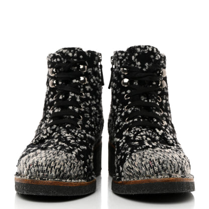 Chanel Tweed Quilted Lace Up Short Boots 36 Black White 2 of 7