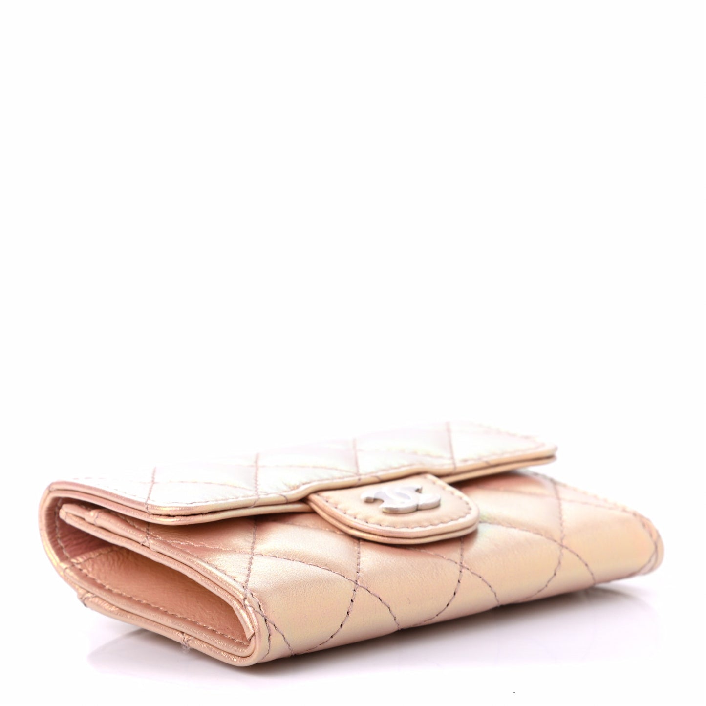 Iridescent Calfskin Quilted Flap Card Holder Wallet Pink