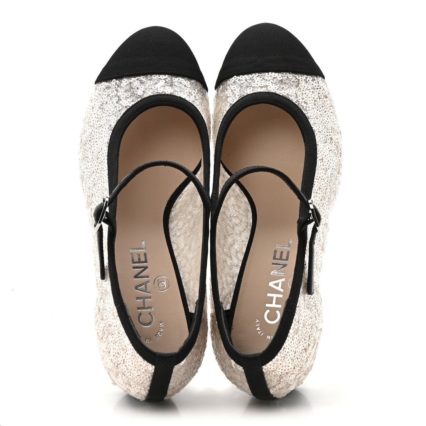 Glittered Tulle Sequin Grosgrain Cap Toe CC Mary Jane Pumps 36.5 Light Pink Black
