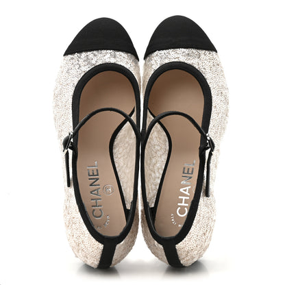 Chanel Glittered Tulle Sequin Grosgrain Cap Toe CC Mary Jane Pumps 36.5 Light Pink Black 2 of 10
