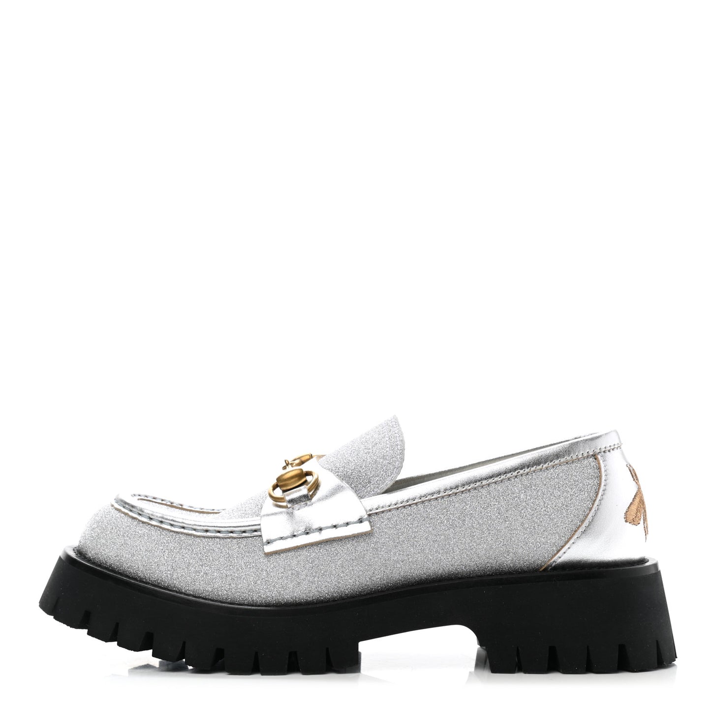 Mini Diamond Storm Silk Calfskin Womens Harald Horsebit 25mm Platform Loafers 38 Silver