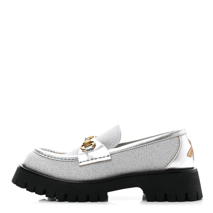 Gucci Mini Diamond Storm Silk Calfskin Womens Harald Horsebit 25mm Platform Loafers 38 Silver 1 of 9