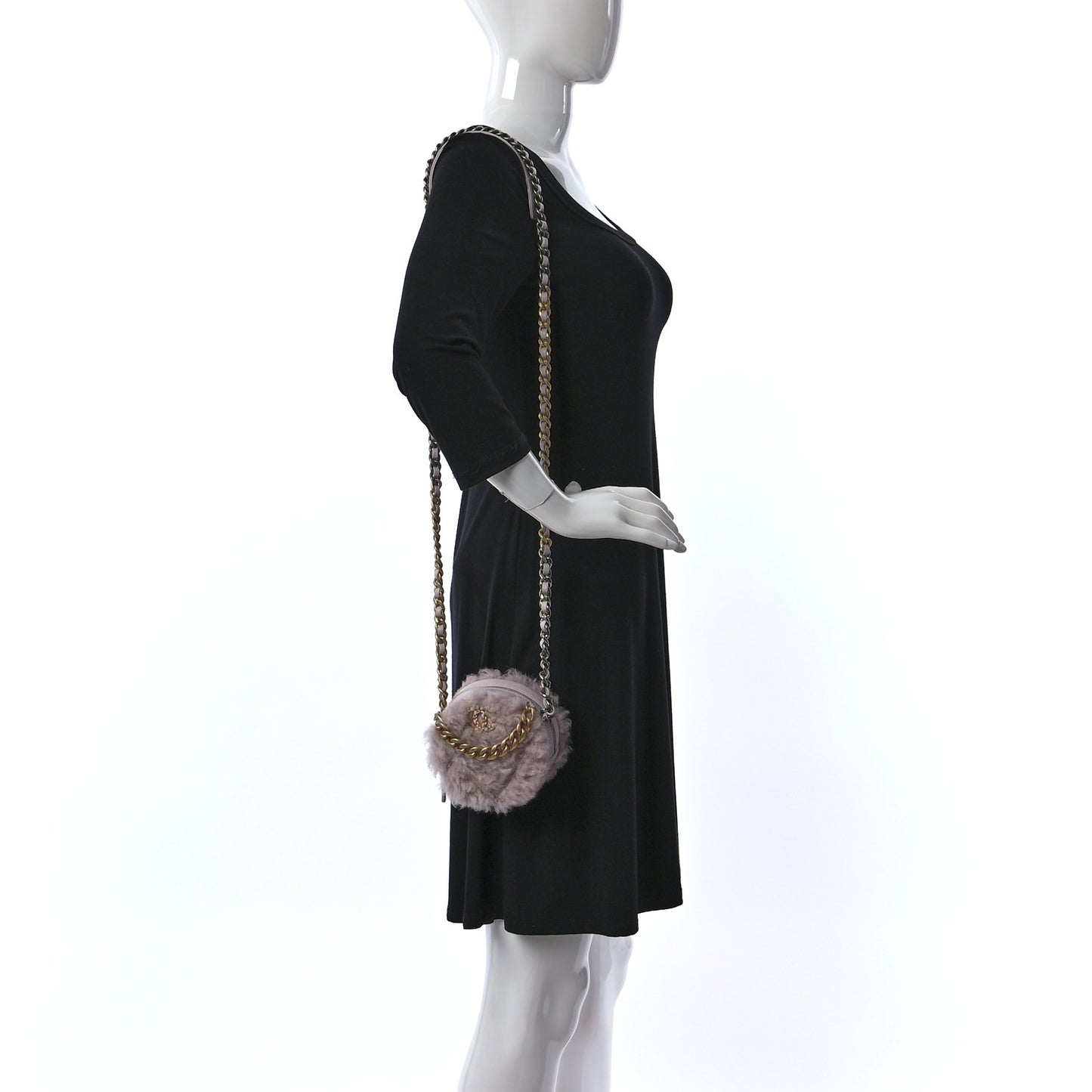 Shearling Sheepskin Chanel 19 Round Clutch With Chain Light Pink