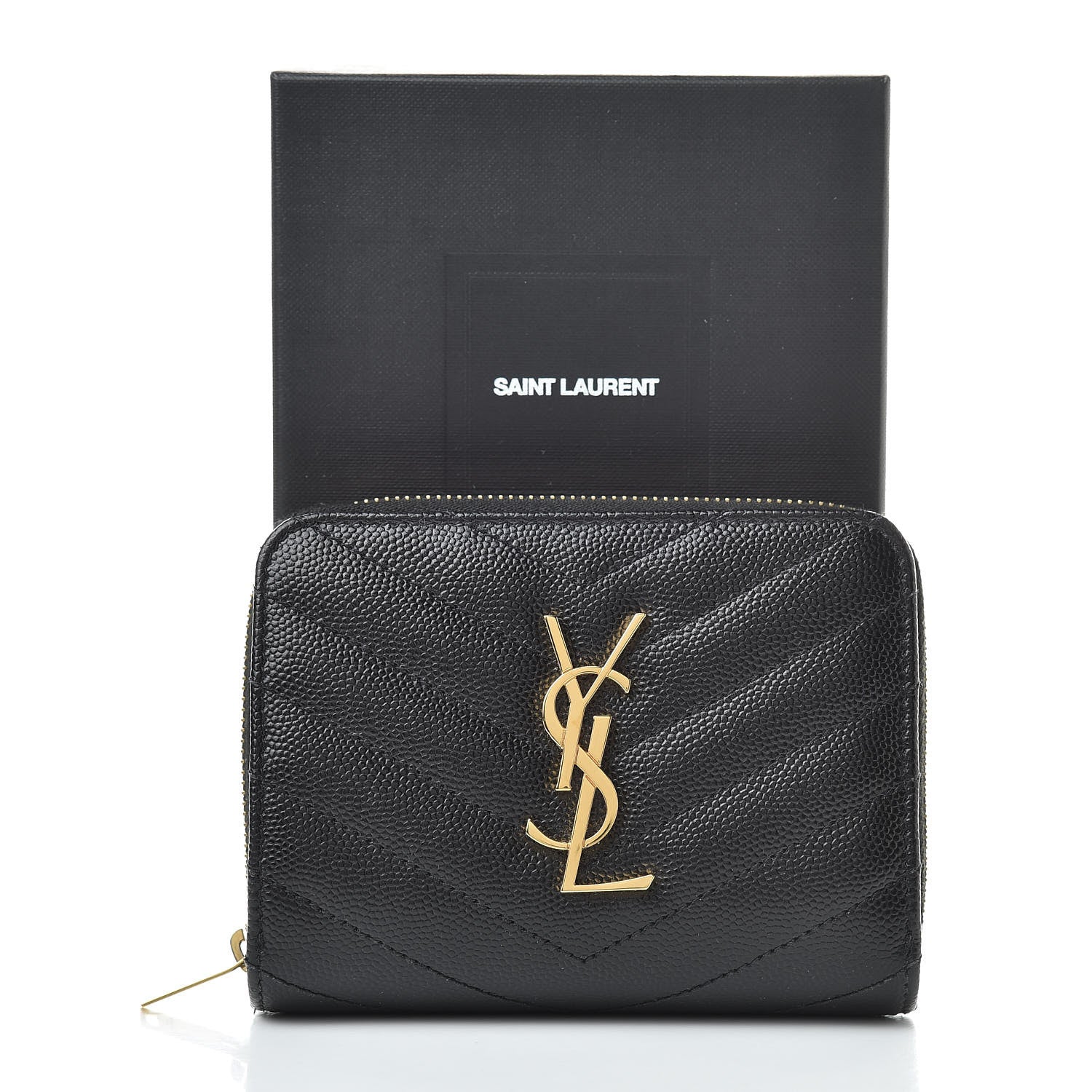 Saint Laurent Grain De Poudre Matelasse Chevron Monogram Compact Zip Around Wallet Black 8 of 10