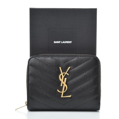 Saint Laurent Grain De Poudre Matelasse Chevron Monogram Compact Zip Around Wallet Black 8 of 10