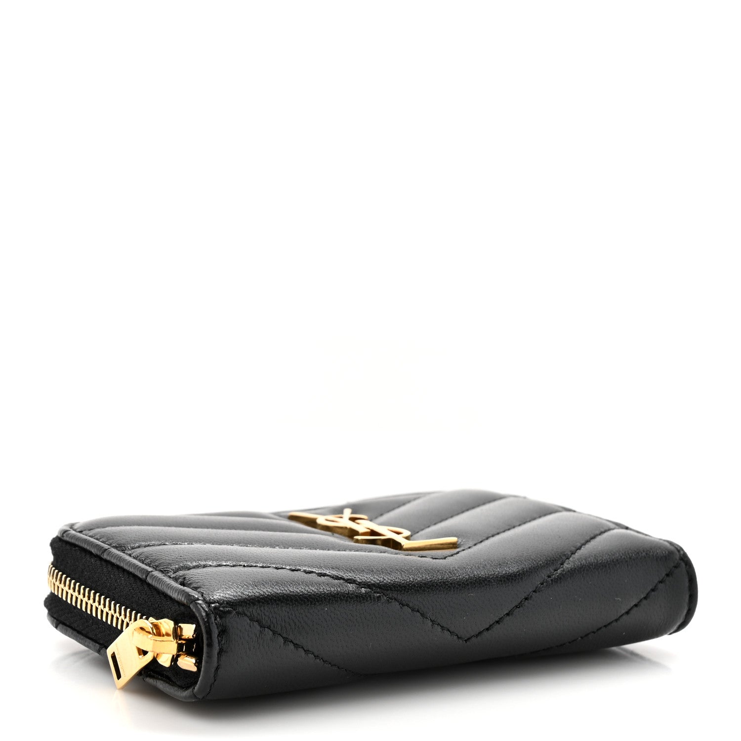 Saint Laurent Lambskin Matelasse Chevron Monogram Cassandre Compact Zip Around Card Wallet Black 4 of 7