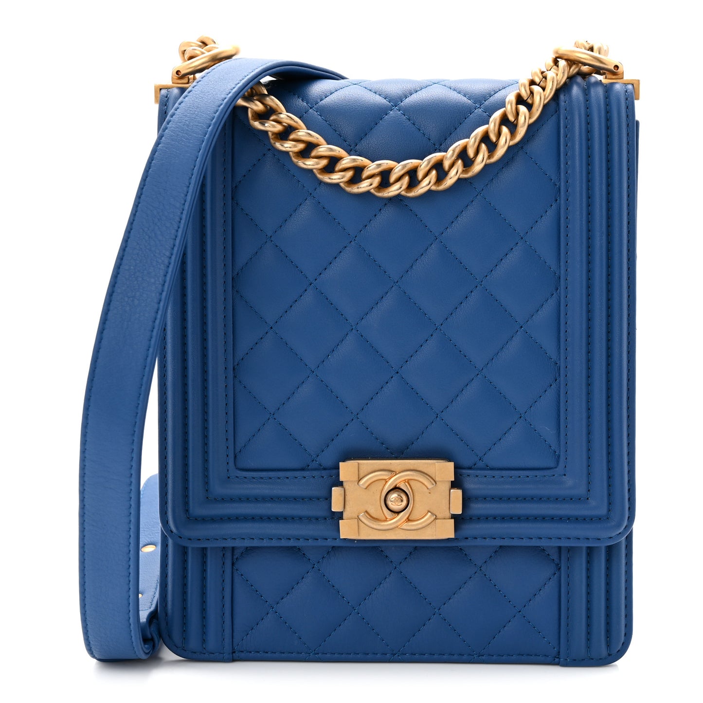 Calfskin Quilted North South Boy Flap Blue