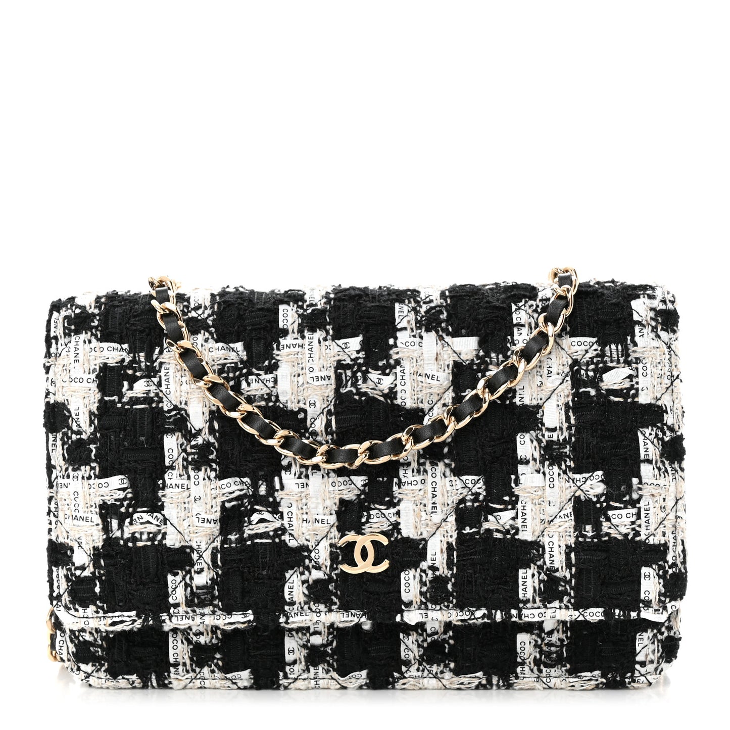 Tweed Quilted Wallet On Chain WOC Black Ecru White