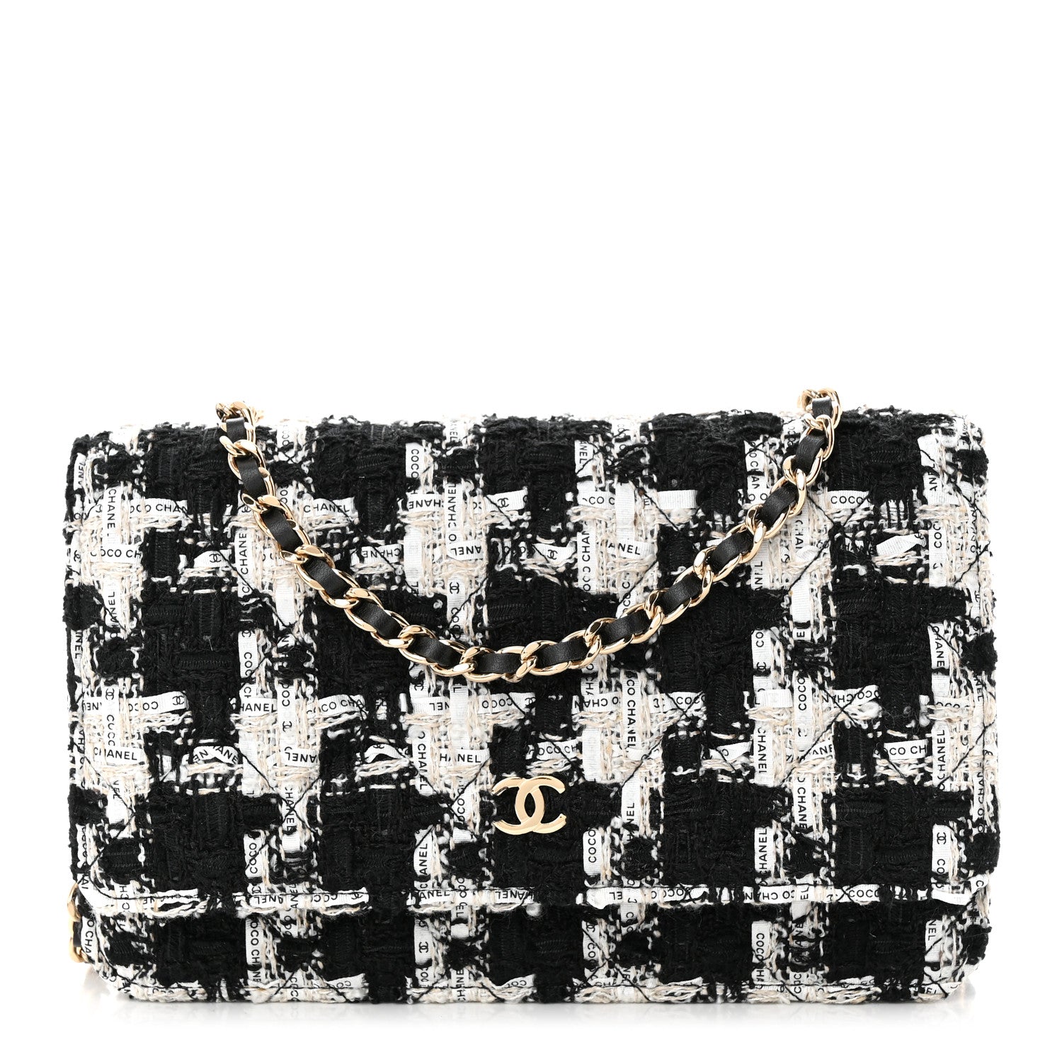 Chanel Tweed Quilted Wallet On Chain WOC Black Ecru White 1 of 11