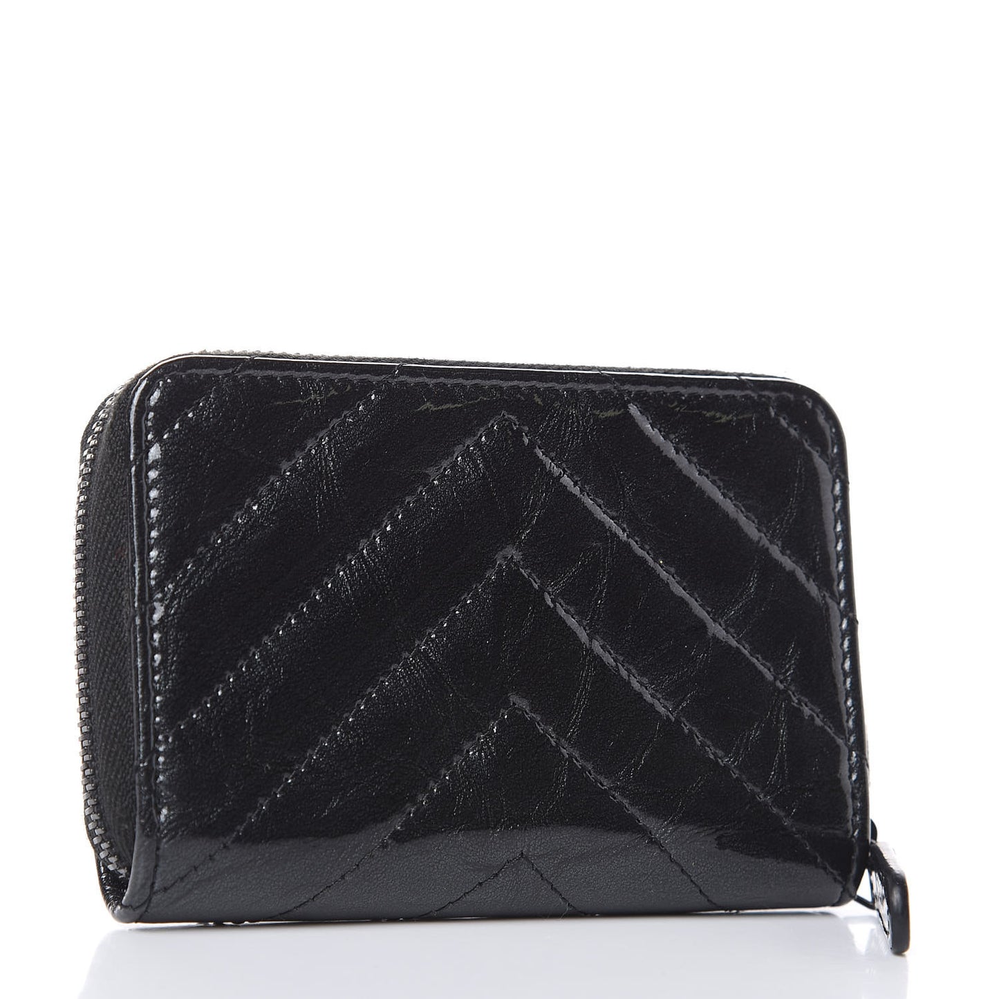 Patent Metallic Crumpled Calfskin Chevron Quilted Coin Purse So Black
