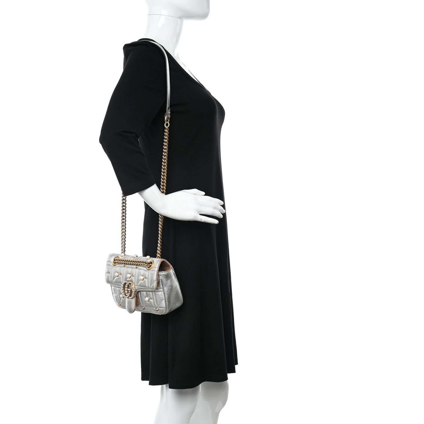 Metallic Calfskin Matelasse Studded Mini Pearly GG Marmont Shoulder Bag Silver