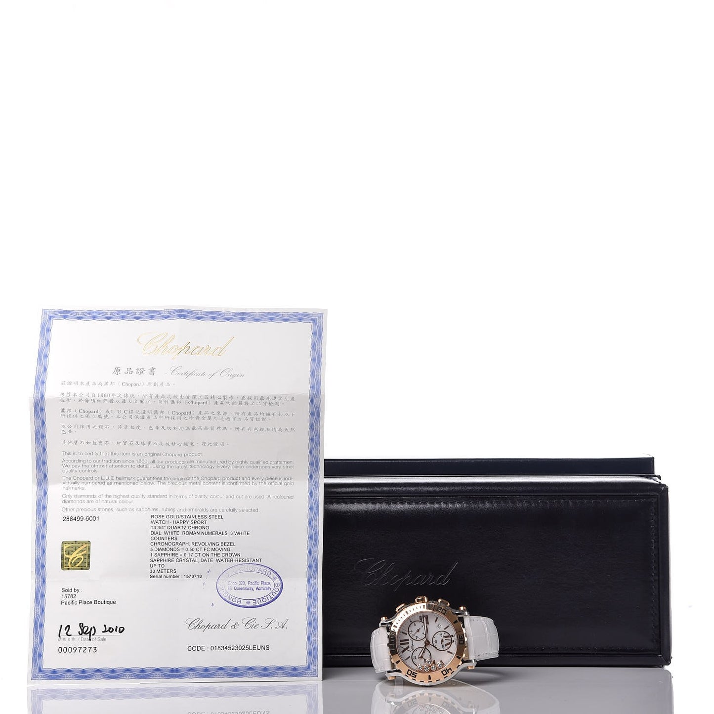 Stainless Steel 18K Rose Gold Alligator 5 Diamond 42mm Happy Sport Chronograph Quartz Watch