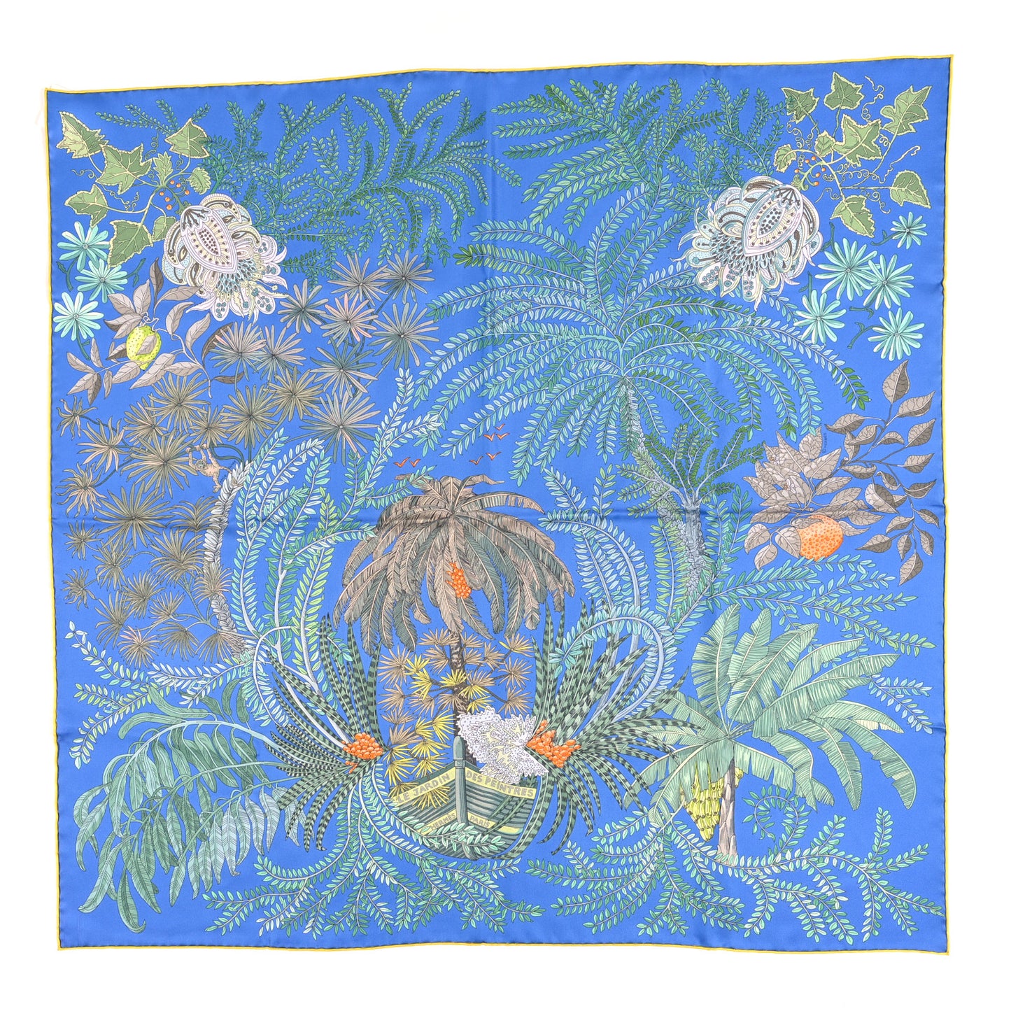 Silk Le Jardin Des Peintres Double Face Scarf 90 Bleu Azur Vert Jaune