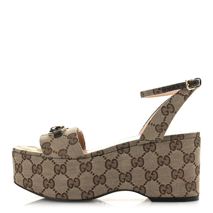 Gucci Monogram Nappa Chalotte Horsebit Ankle Strap 75mm Flatform Sandals 35.5 Beige Ebony 1 of 11