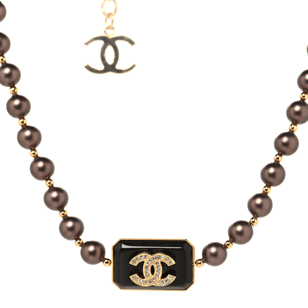 Chanel Pearl Crystal CC Choker Necklace Brown Gold 1 of 4
