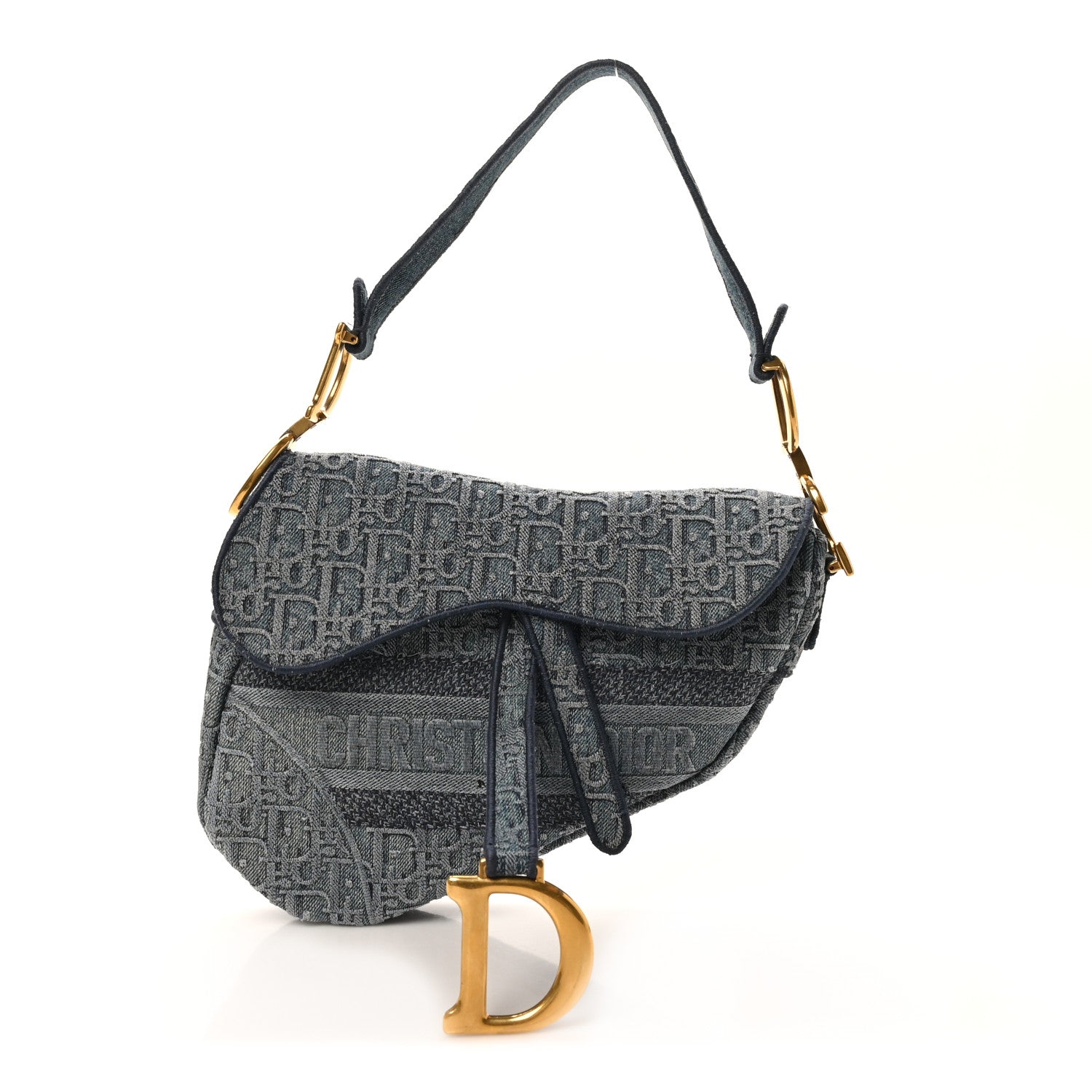 Christian Dior Oblique Embroidered Saddle Bag Denim Blue 1 of 12