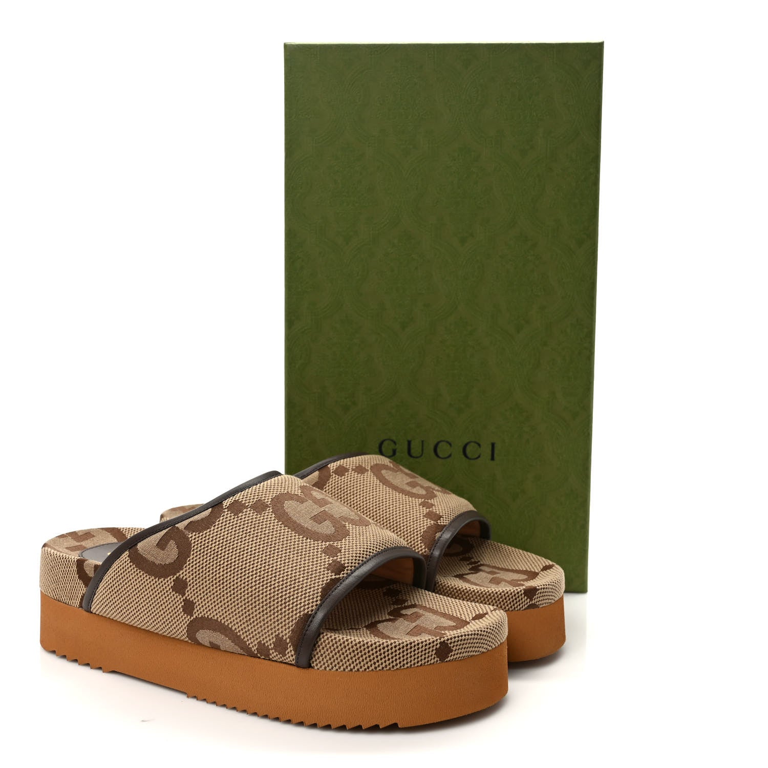 Gucci Monogram Jumbo GG Nappa Samoa Platform 40mm Slide Sandals 41 Camel Ebony New Acero 9 of 9