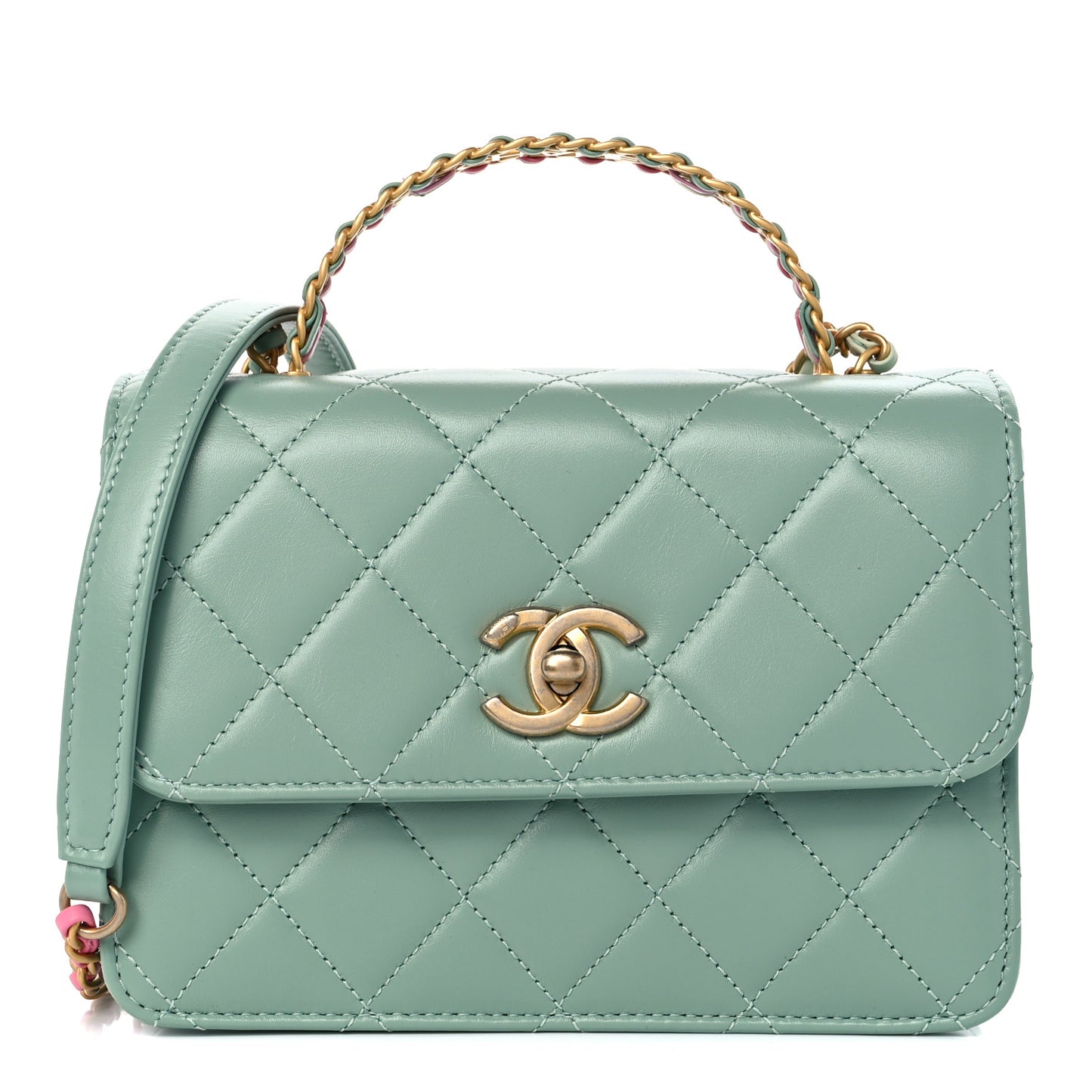 Shiny Calfskin Quilted Mini Metal Top Handle Flap Light Green