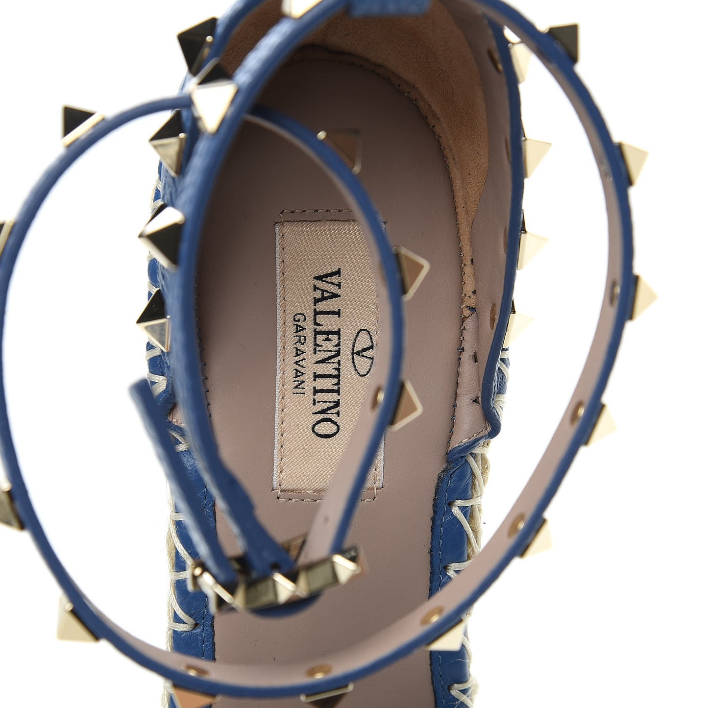 Grained Calfskin Rockstud Ankle Wrap Espadrille 15/85mm Wedges 39 Baltique