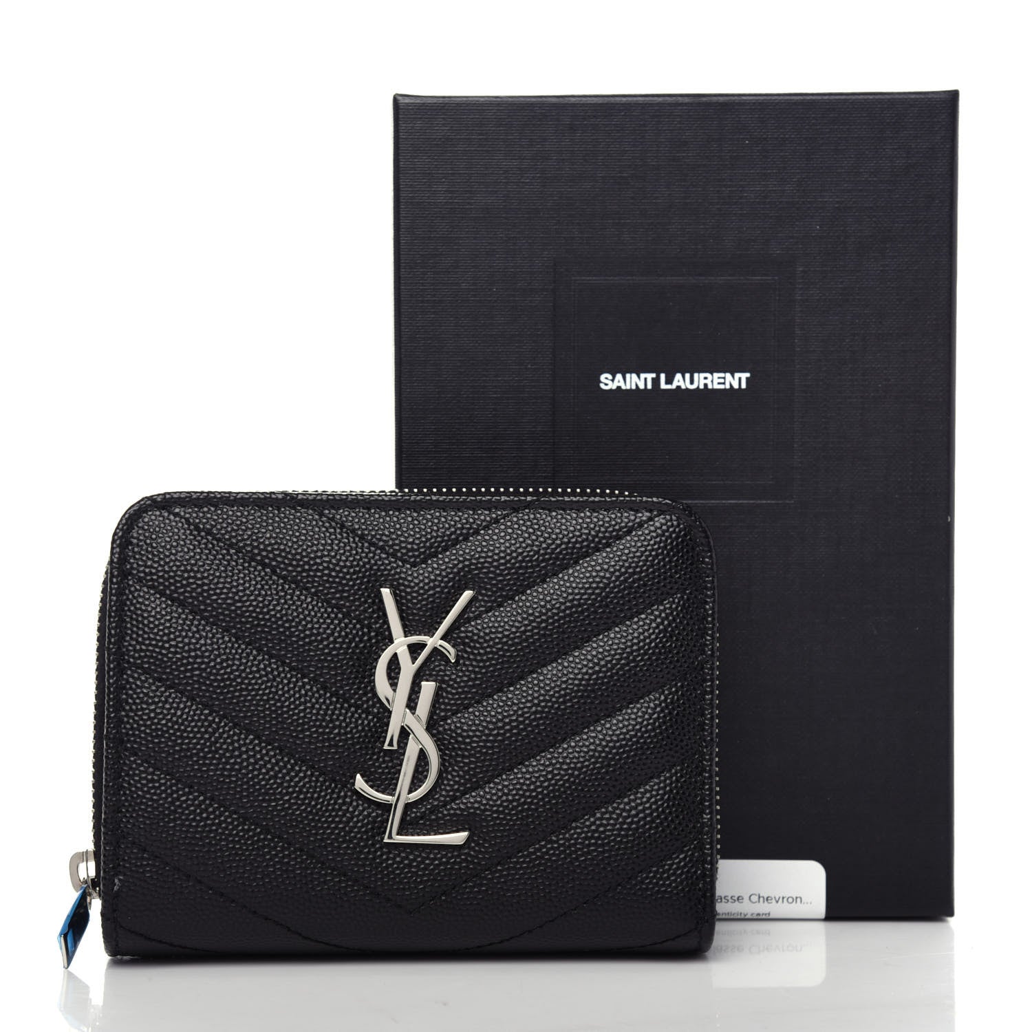 Saint Laurent Grain De Poudre Matelasse Chevron Monogram Compact Zip Around Wallet Black 9 of 9