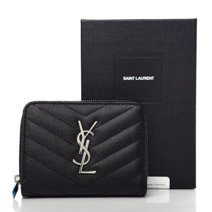 Saint Laurent Grain De Poudre Matelasse Chevron Monogram Compact Zip Around Wallet Black 9 of 9