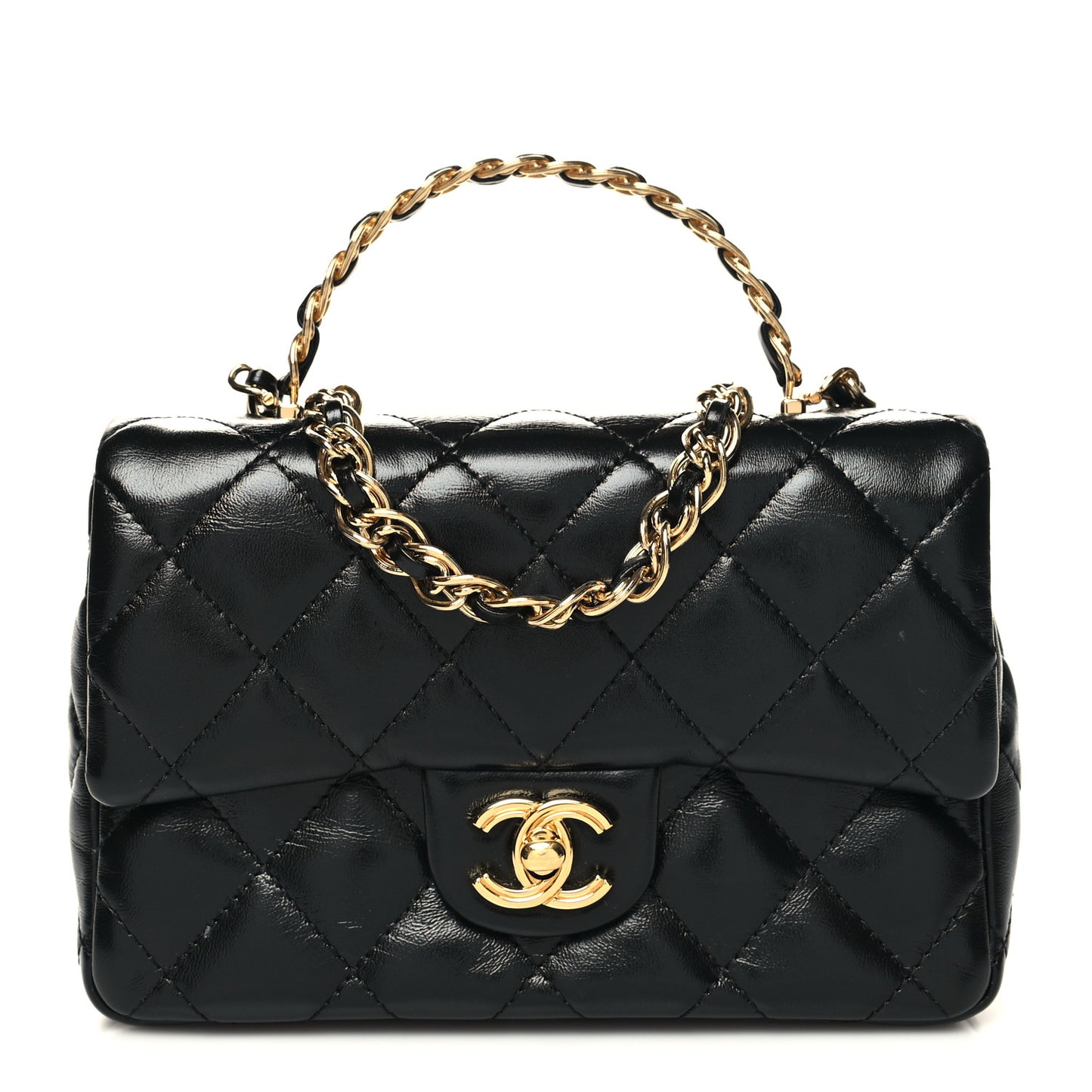 Shiny Lambskin Quilted Golden Links Top Handle Flap Black