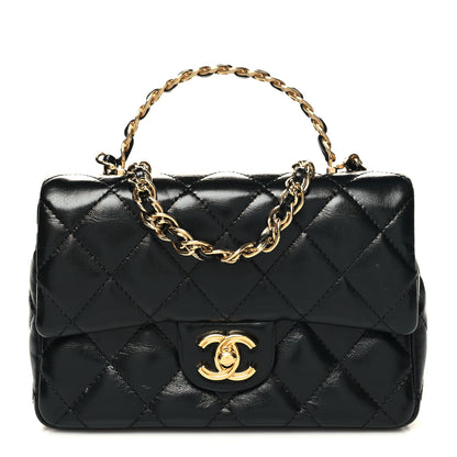 Chanel Shiny Lambskin Quilted Golden Links Top Handle Flap Black 1 of 12
