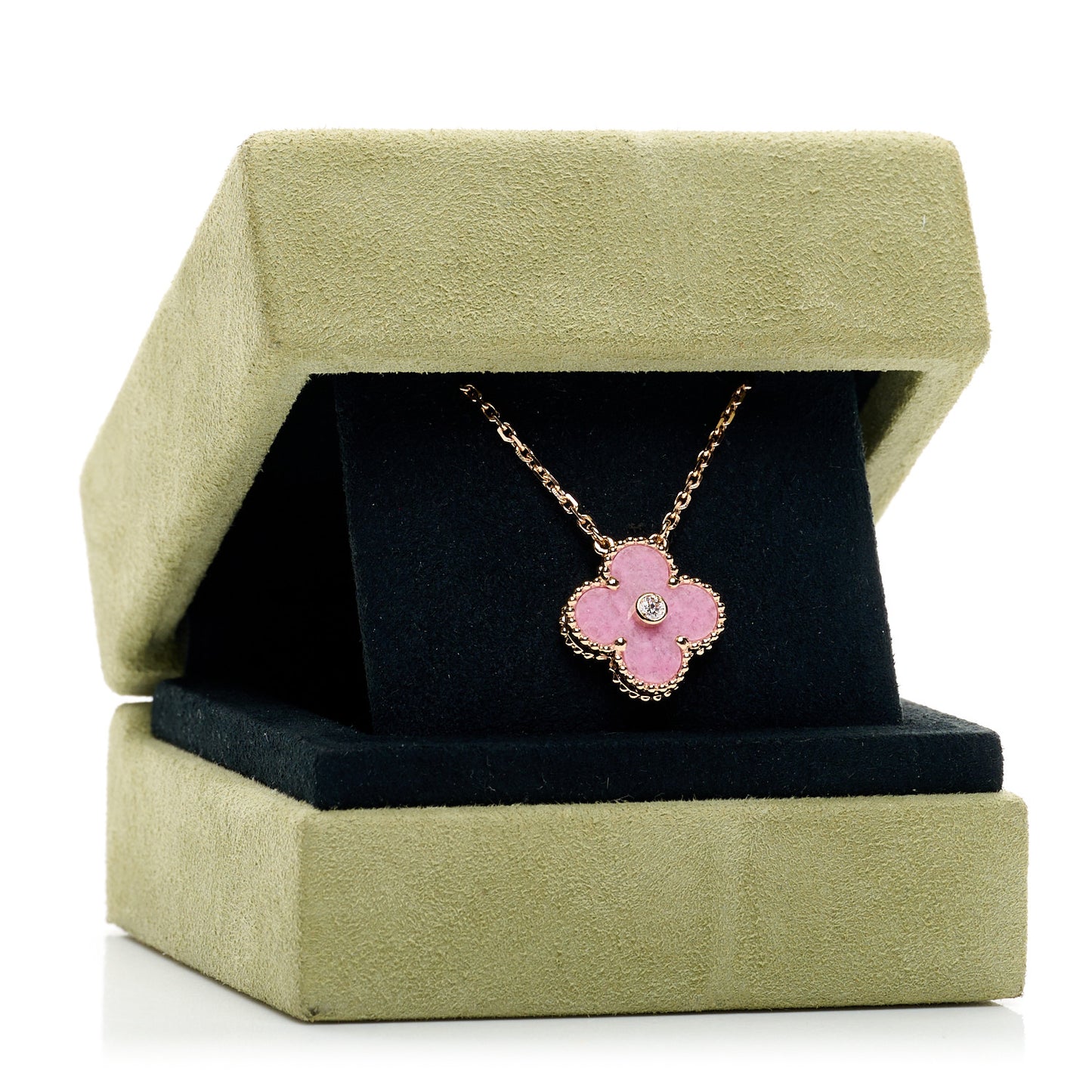 18K Rose Gold Diamond Rhodonite Vintage Alhambra Pendant Necklace